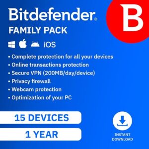 Bitdefender Family Pack - 15 Devices | 1 year Subscription | PC/Mac | Activation Code by email